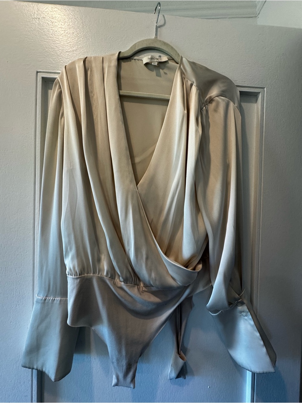 Favorite Daughter Ivory Satin Surplice Bodysuit